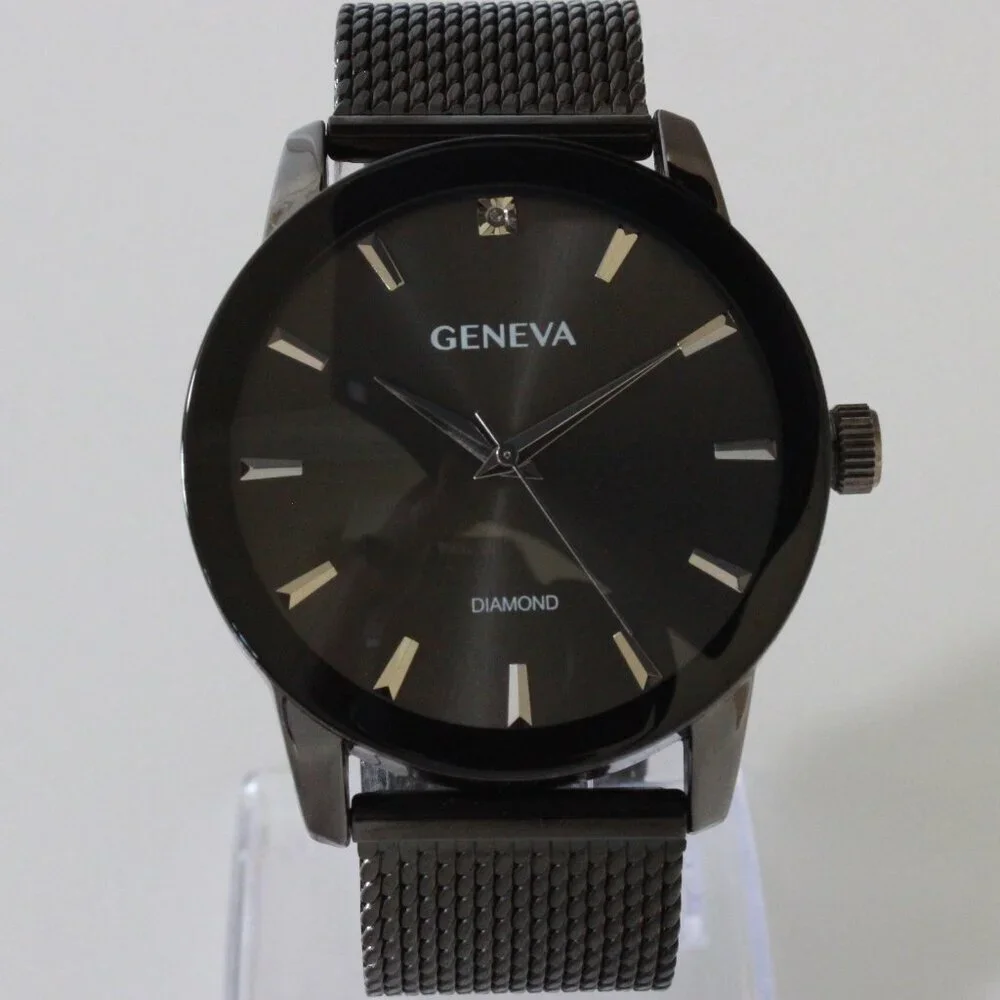Geneva Men's Dress Watch Gun Metal Finish Diamond At 12 Milanese Bracelet 42mm